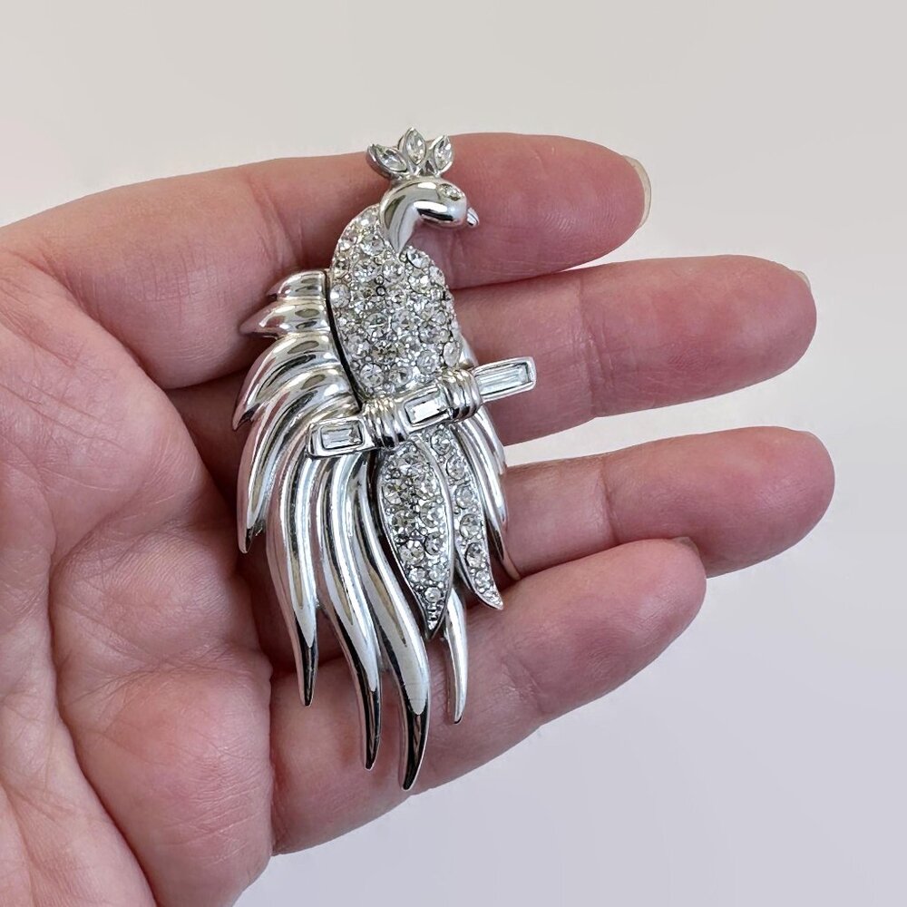 Vintage Monet Rhinestone Bird Brooch: Silver Tone Peacock Pin